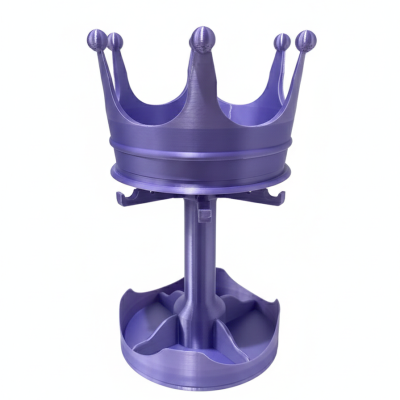 Suporte de plástico roxo em forma de coroa com divisórias e ganchos