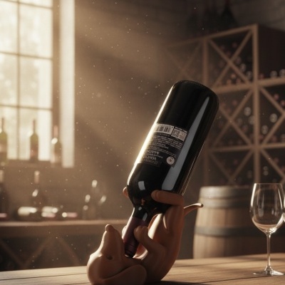 Suporte de vinho em forma de mão com garrafa num ambiente de adega