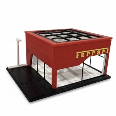 Miniatura de edifício vermelho com sinalização Ferrari amarela e base preta