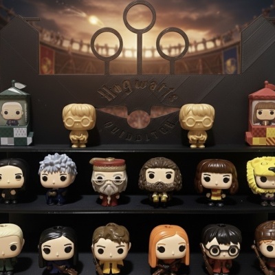 Funko Pop Harry Potter em suporte com texto Hogwarts Quidditch