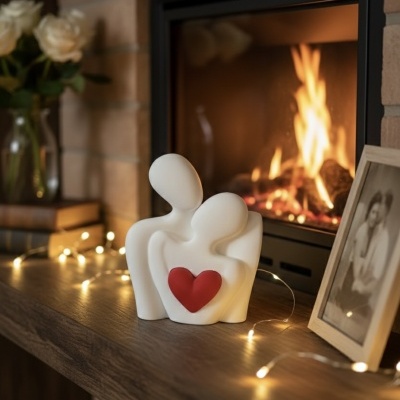 Escultura branca de casal com coração vermelho ao lado de lareira e decoração