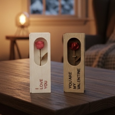 Duas caixas de madeira com flores vermelhas e mensagens românticas numa mesa interior