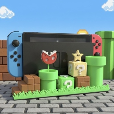 Suporte decorativo Nintendo Switch estilo Super Mario com tubos verdes, blocos amarelos e verdes, planta Piranha e estrela amarela