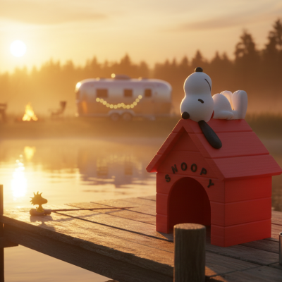 Casa de madeira vermelha com figura do Snoopy no telhado e nome SNOOPY no cais ao amanhecer