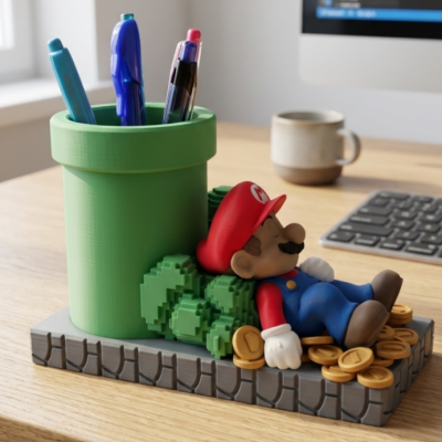 Suporte de secretária verde com figura de Mario e moedas, sobre base cinzenta com padrão de pedra.