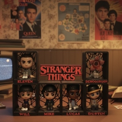 Figuras de Stranger Things em estantes pretas com texto vermelho, em ambiente retro com televisão e posters.