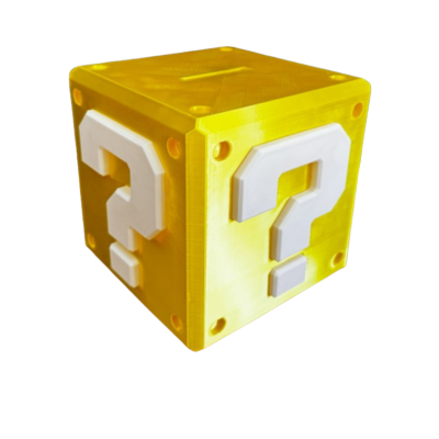 Cubo amarelo com pontos de interrogação brancos em relevo