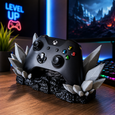 Comando Xbox preto numa base decorativa de rochas e cristais cinzentos sobre mesa de madeira