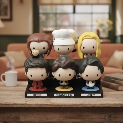 Conjunto de figuras de vinil das personagens Ross, Chandler e Joey numa base preta sobre mesa de madeira