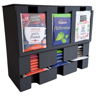 Organizador preto de chá com saquetas Kings Crown e Meßmer em três cores