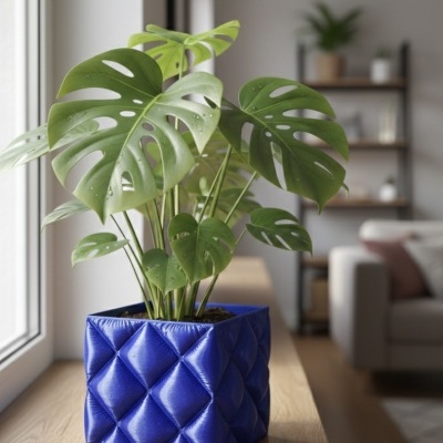 Planta Monstera num vaso azul quadrado com padrão almofadado