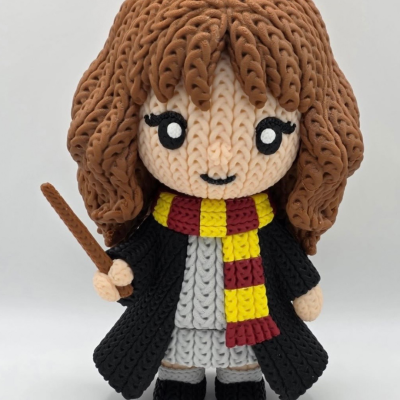 Boneca de tricot com cabelo castanho, túnica preta e cachecol às riscas amarelo e vermelho