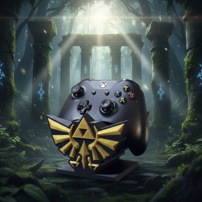 Comando Xbox com suporte decorativo da Zelda em floresta