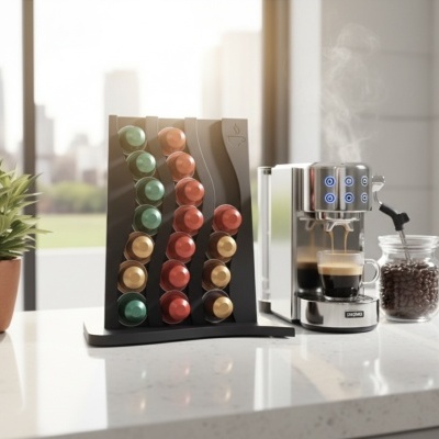 Máquina de café expresso prateada com cápsulas coloridas e planta em balcão de cozinha