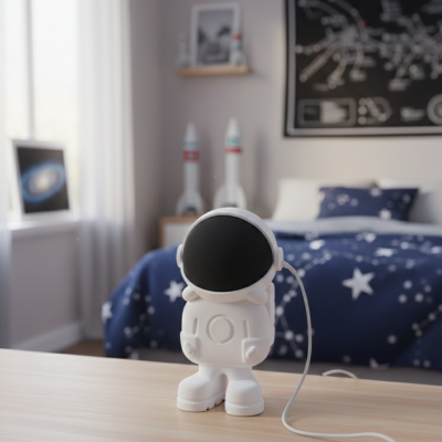 Coluna portátil astronauta branca com visor preto e cabo branco em quarto com decoração espacial