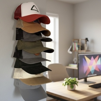 Sete bonés coloridos pendurados na parede com escritório ao fundo