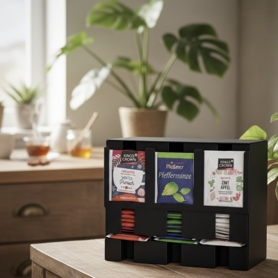 Dispensador preto para saquetas de chá com saquetas coloridas numa cozinha com plantas e luz natural