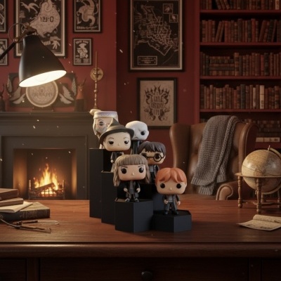 Figuras Funko Pop de personagens em pedestais sobre mesa de madeira com estante, poltrona e lareira ao fundo
