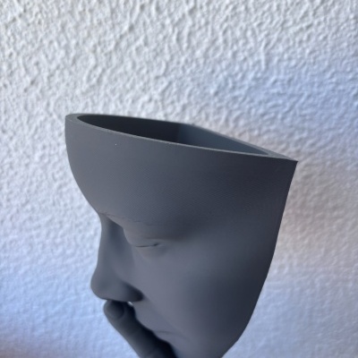 Vaso decorativo cinzento formato rosto com mão, fundo branco