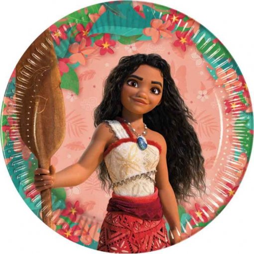 Prato de papel redondo com imagem da personagem Moana segurando remo