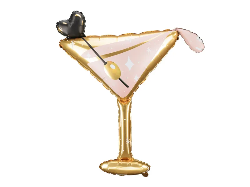 Balão metalizado em forma de copo de cocktail com coração preto e azeitona desenhada