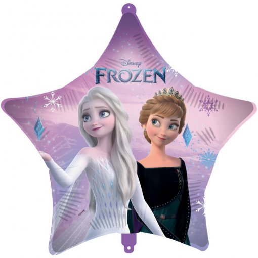Balão estrela Disney Frozen com personagens Elsa e Anna em fundo rosa e roxo