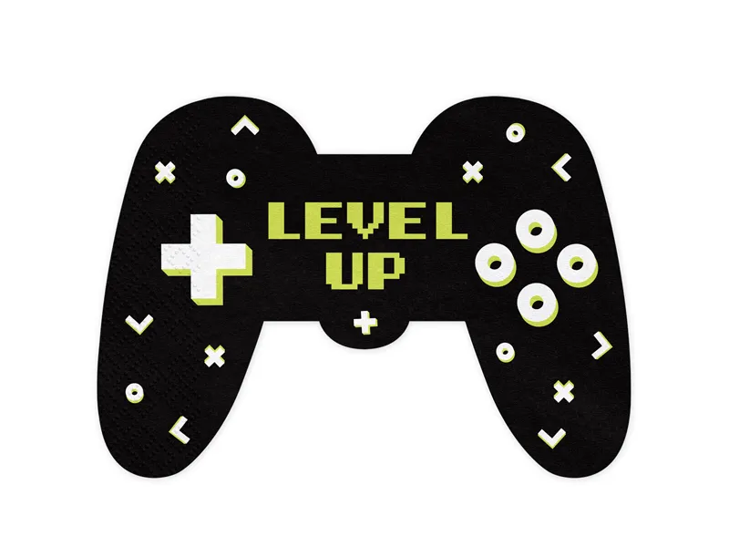 Guardanapo preto formato comando videojogo com texto LEVEL UP e símbolos brancos e amarelos