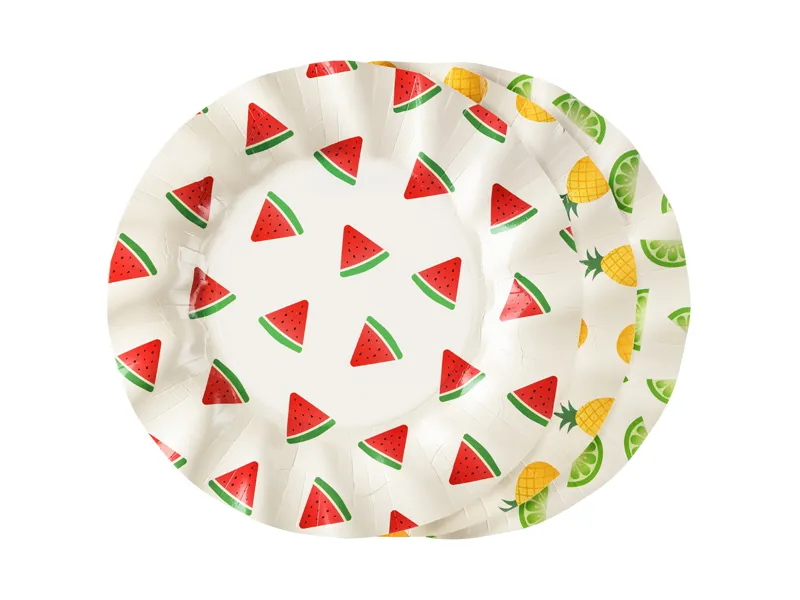 Pratos descartáveis com estampas de frutas coloridas
