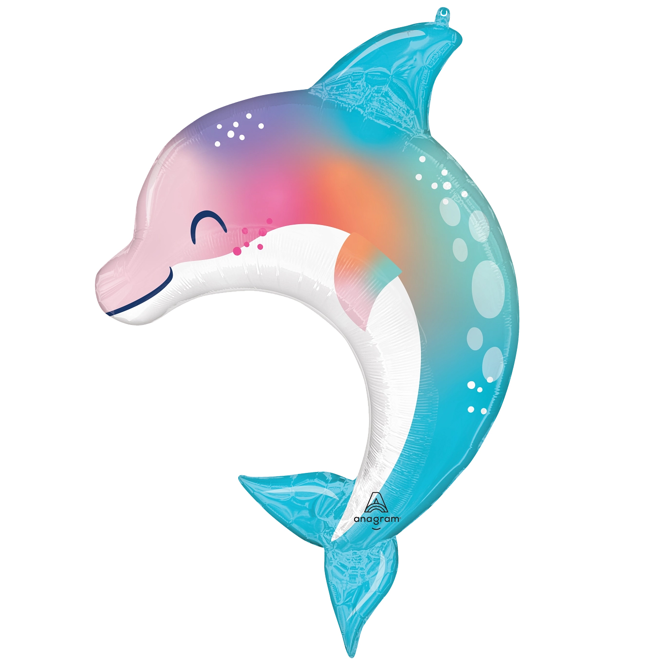 Balão em formato de golfinho com cores azul, lilás e branco