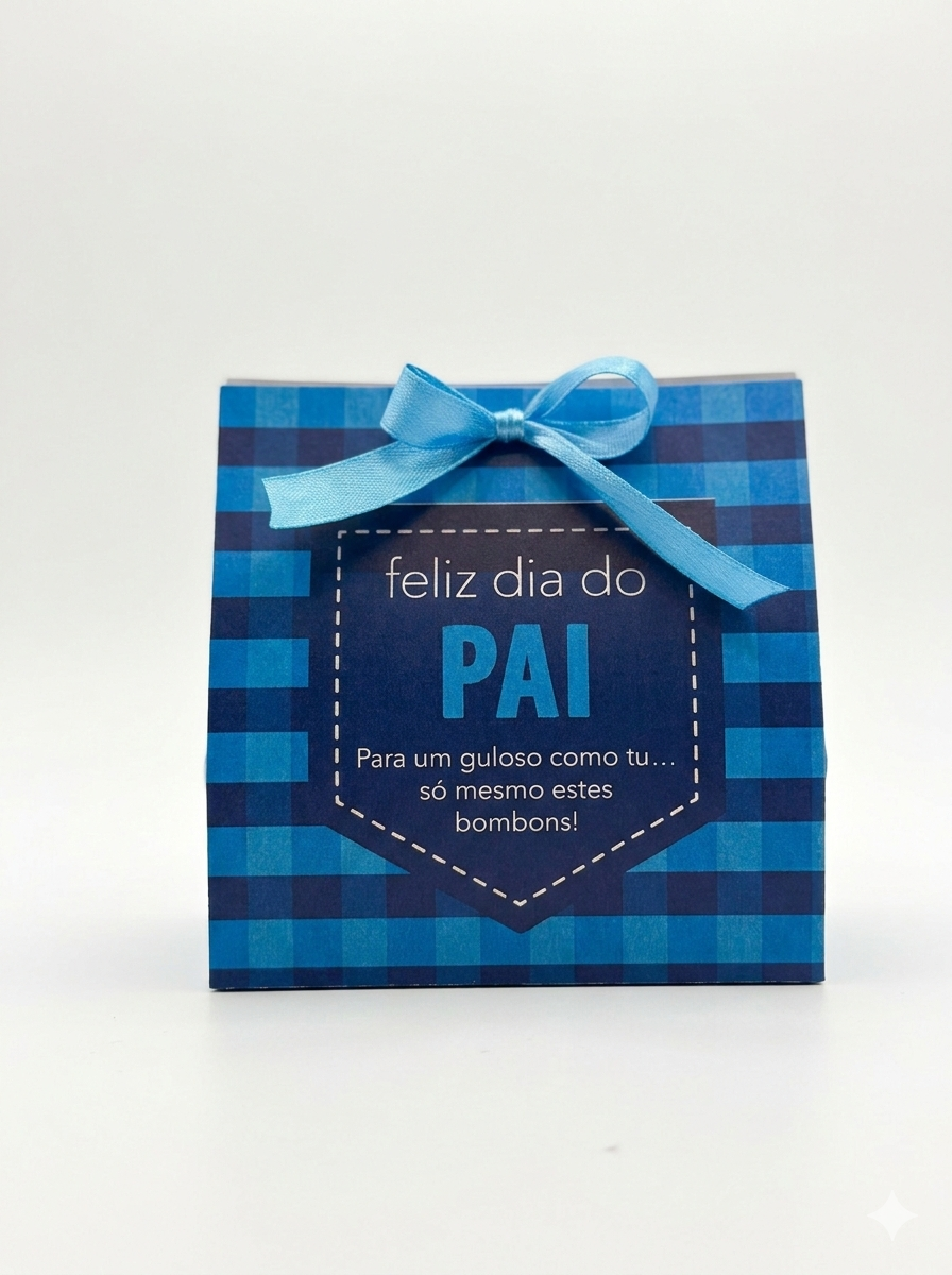 Saquinho com bombons PAI Caixa azul xadrez com laço e texto para o Dia do Pai