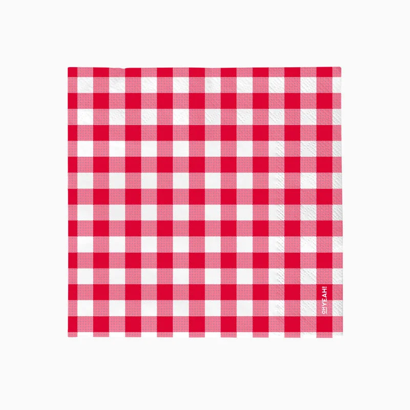 Guardanapo de tecido xadrez vermelho e branco com texto OH YEAH na borda