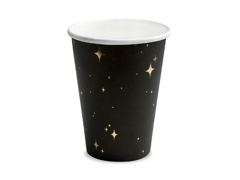 Copo de papel preto com estrelas douradas