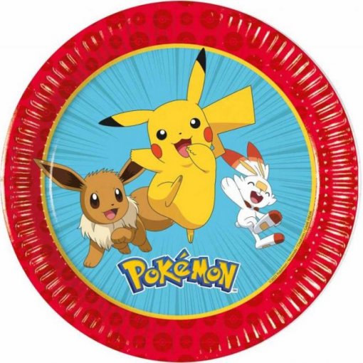 Prato descartável vermelho com personagens Pokémon Eevee, Pikachu e Scorbunny e texto POKÉMON