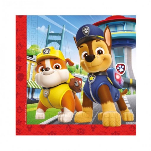 Guardanapo decorado com personagens caninos da Paw Patrol, um de azul policial e outro amarelo de construção, com fundo urbano colorido