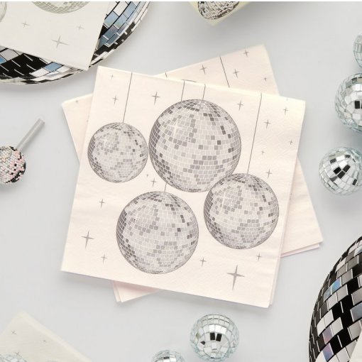 Guardanapos de papel com estampa de bolas de discoteca em fundo branco