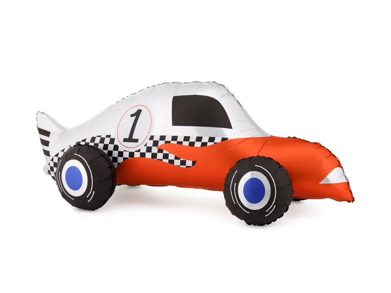 Balão em forma de carro de corrida branco e laranja com roda preta e azul