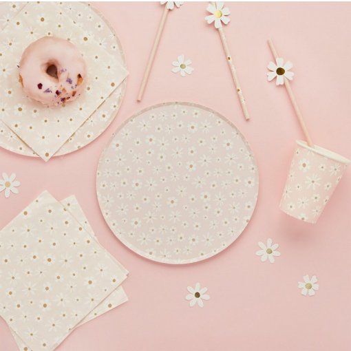 Artigos para festa cor-de-rosa com padrão de margaridas brancas e amarelas