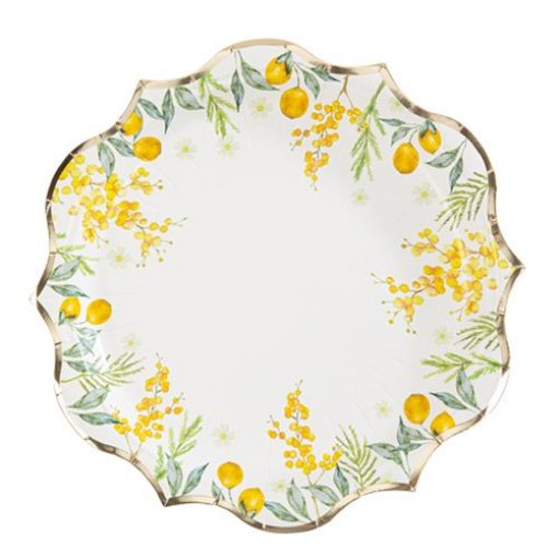 Prato decorativo branco com padrão floral amarelo e verde e borda ondulada