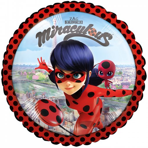 Balão redondo Miraculous vermelho com bolinhas pretas e personagem ladybug