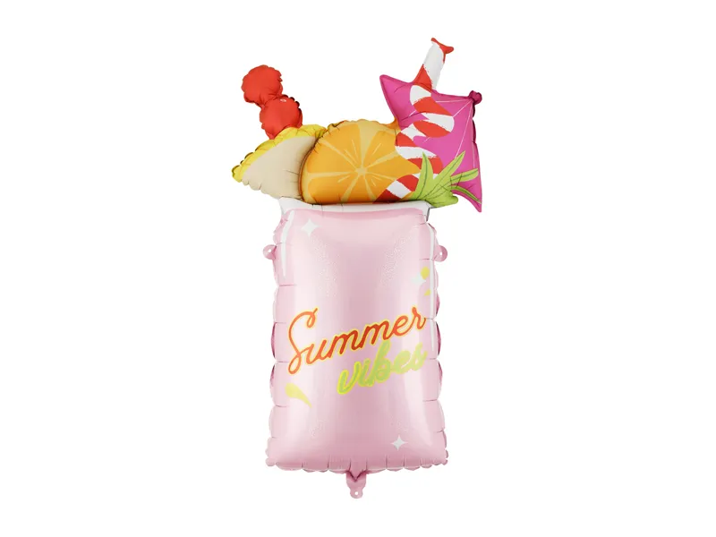 Balão decorativo metálico rosa com texto Summer vibes e frutas coloridas no topo