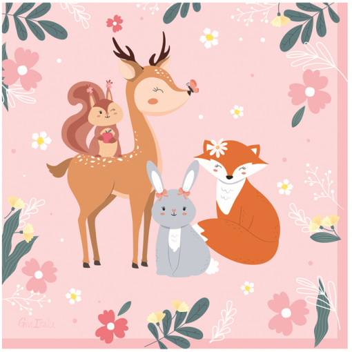 Ilustração infantil com veado, esquilo, raposa e coelho em fundo rosa com flores e folhas.