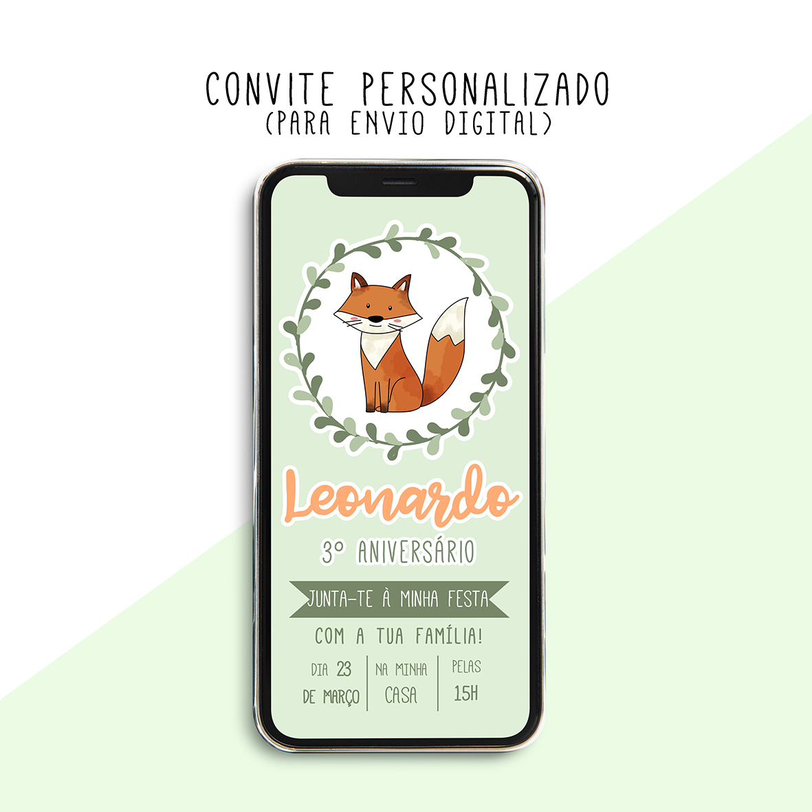 CONVITE DIGITAL - READY TO PRINT - WOODLAND Convite digital personalizado para festa de aniversário com desenho de raposa e texto colorido