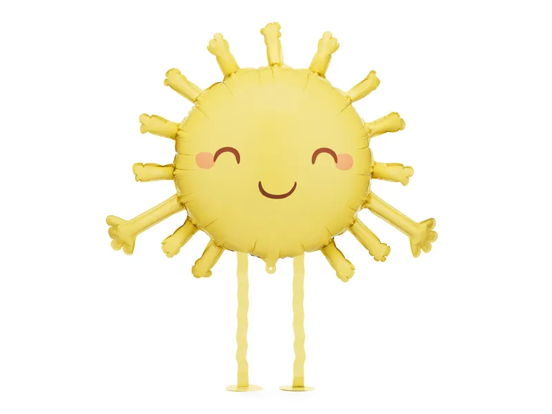 Balão amarelo redondo com braços, pernas e rosto sorridente