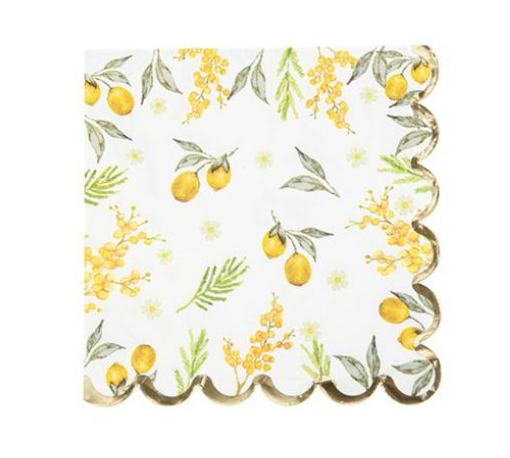 Guardanapo de papel decorativo com padrão de limões amarelos e folhas verdes