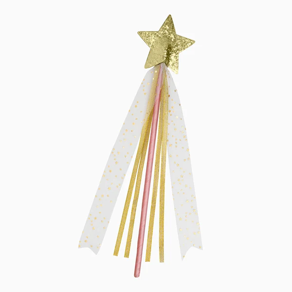 Varinha mágica rosa com estrela dourada e fitas decorativas