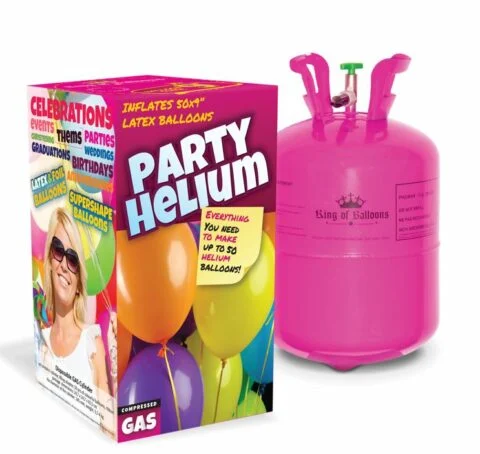 Conjunto para festas com cilindro de gás hélio cor-de-rosa e caixa colorida com balões de látex.