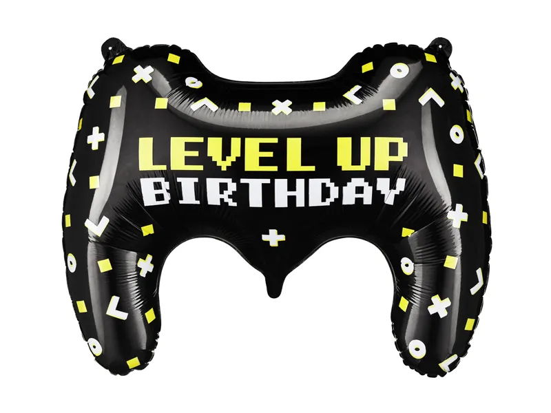 Balão formato comando de videojogo preto com texto LEVEL UP BIRTHDAY