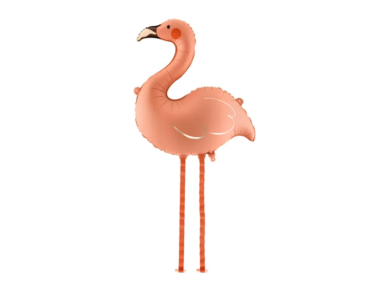 Balão metálico rosa em forma de flamingo com pernas compridas sobre fundo branco