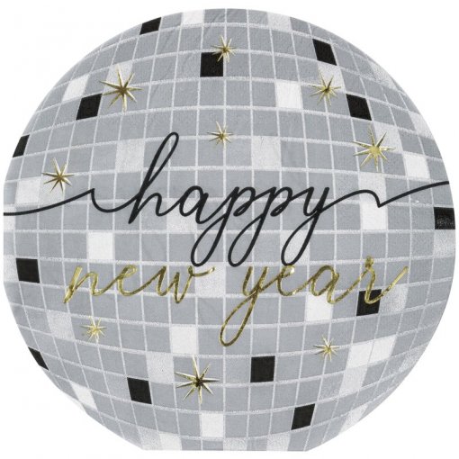 Balão decorativo cinza com texto 'happy new year' e estrelas douradas