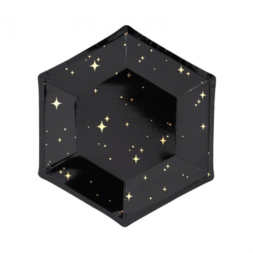 Prato descartável hexagonal preto com estrelas douradas